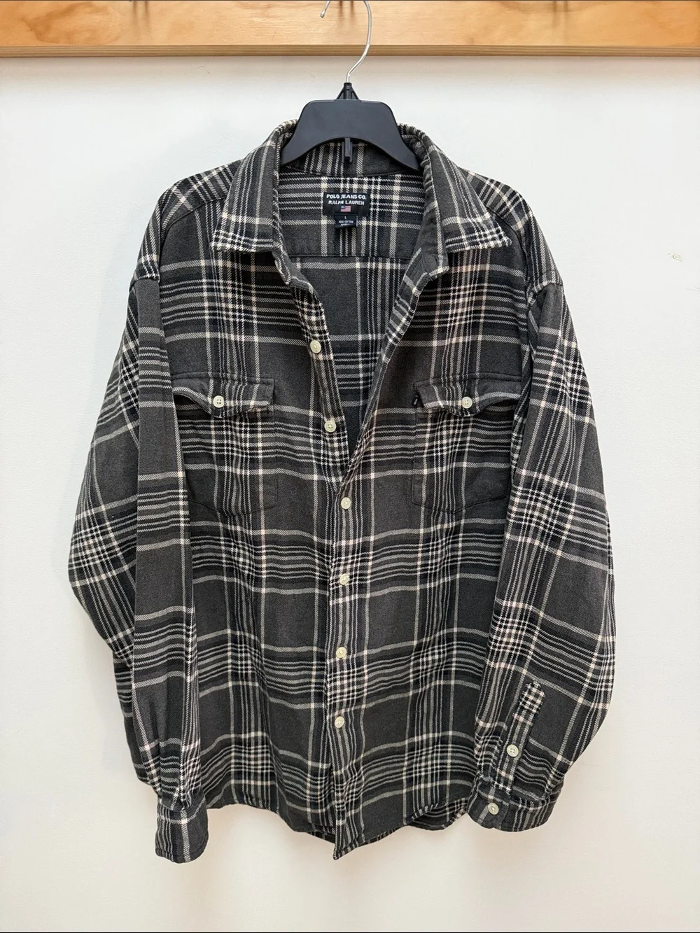Polo by Ralph Lauren Black and Cream Plaid Button-Down Shirt Jacket